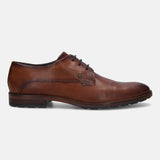 A cognac Men's bugatti Derby featuring a pointed plain toe, stacked heel. Made from premium genuine leather with a durable tr outsole, this laces design offers both style and comfort.