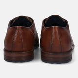 A cognac Men's bugatti Derby featuring a pointed plain toe, stacked heel. Made from premium genuine leather with a durable tr outsole, this laces design offers both style and comfort.