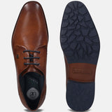A cognac Men's bugatti Derby featuring a pointed plain toe, stacked heel. Made from premium genuine leather with a durable tr outsole, this laces design offers both style and comfort.