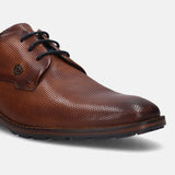 A cognac Men's bugatti Derby featuring a pointed plain toe, stacked heel. Made from premium genuine leather with a durable tr outsole, this laces design offers both style and comfort.