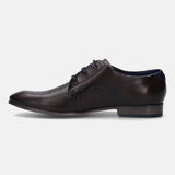 A brown Men's bugatti Derby featuring a pointed plain toe, stacked heel. Made from premium genuine leather with a durable high quality synthetic outsole, this laces design offers both style and comfort.