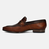 A cognac Men's bugatti Bit Loafer featuring a pointed toe apron toe, stacked heel. Made from premium genuine leather with a durable tpr outsole, this slip-on design offers both style and comfort.