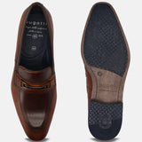 A cognac Men's bugatti Bit Loafer featuring a pointed toe apron toe, stacked heel. Made from premium genuine leather with a durable tpr outsole, this slip-on design offers both style and comfort.