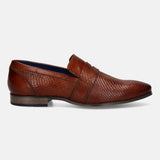 A cognac Men's bugatti Penny Loafer featuring a pointed toe plain toe, stacked heel. Made from premium genuine leather with a durable tpr outsole, this slip-on design offers both style and comfort.