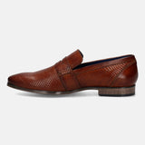 A cognac Men's bugatti Penny Loafer featuring a pointed toe plain toe, stacked heel. Made from premium genuine leather with a durable tpr outsole, this slip-on design offers both style and comfort.