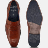A cognac Men's bugatti Penny Loafer featuring a pointed toe plain toe, stacked heel. Made from premium genuine leather with a durable tpr outsole, this slip-on design offers both style and comfort.