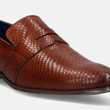 A cognac Men's bugatti Penny Loafer featuring a pointed toe plain toe, stacked heel. Made from premium genuine leather with a durable tpr outsole, this slip-on design offers both style and comfort.
