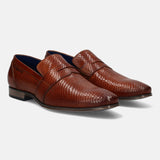 A cognac Men's bugatti Penny Loafer featuring a pointed toe plain toe, stacked heel. Made from premium genuine leather with a durable tpr outsole, this slip-on design offers both style and comfort.