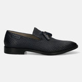 A blue Men's bugatti Tassel Loafers featuring a pointed toe plain toe, stacked heel. Made from premium genuine leather with a durable leather outsole, this slip-on design offers both style and comfort.