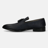 A blue Men's bugatti Tassel Loafers featuring a pointed toe plain toe, stacked heel. Made from premium genuine leather with a durable leather outsole, this slip-on design offers both style and comfort.