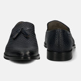 A blue Men's bugatti Tassel Loafers featuring a pointed toe plain toe, stacked heel. Made from premium genuine leather with a durable leather outsole, this slip-on design offers both style and comfort.