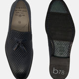A blue Men's bugatti Tassel Loafers featuring a pointed toe plain toe, stacked heel. Made from premium genuine leather with a durable leather outsole, this slip-on design offers both style and comfort.