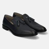 A blue Men's bugatti Tassel Loafers featuring a pointed toe plain toe, stacked heel. Made from premium genuine leather with a durable leather outsole, this slip-on design offers both style and comfort.