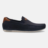A blue Men's bugatti Casual Loafers featuring a round plain toe, zero heels heel. Made from suede leather with a durable tr outsole, this slip-on design offers both style and comfort.