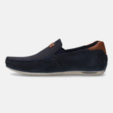 A blue Men's bugatti Casual Loafers featuring a round plain toe, zero heels heel. Made from suede leather with a durable tr outsole, this slip-on design offers both style and comfort.