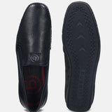 A black Men's bugatti Casual Loafers featuring a round plain toe, zero heels heel. Made from premium genuine leather with a durable tr outsole, this slip-on design offers both style and comfort.