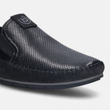 A black Men's bugatti Casual Loafers featuring a round plain toe, zero heels heel. Made from premium genuine leather with a durable tr outsole, this slip-on design offers both style and comfort.
