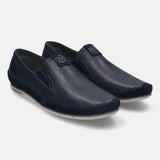 A blue Men's bugatti Casual Loafers featuring a round plain toe, zero heels heel. Made from premium genuine leather with a durable tr outsole, this slip-on design offers both style and comfort.