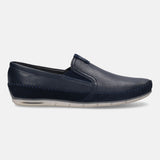 A blue Men's bugatti Casual Loafers featuring a round plain toe, zero heels heel. Made from premium genuine leather with a durable tr outsole, this slip-on design offers both style and comfort.