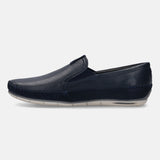 A blue Men's bugatti Casual Loafers featuring a round plain toe, zero heels heel. Made from premium genuine leather with a durable tr outsole, this slip-on design offers both style and comfort.