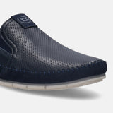 A blue Men's bugatti Casual Loafers featuring a round plain toe, zero heels heel. Made from premium genuine leather with a durable tr outsole, this slip-on design offers both style and comfort.