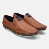 A cognac Men's bugatti Casual Loafers featuring a round plain toe, zero heels heel. Made from premium genuine leather with a durable tr outsole, this slip-on design offers both style and comfort.