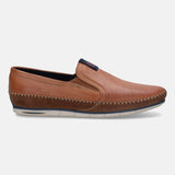 A cognac Men's bugatti Casual Loafers featuring a round plain toe, zero heels heel. Made from premium genuine leather with a durable tr outsole, this slip-on design offers both style and comfort.