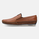 A cognac Men's bugatti Casual Loafers featuring a round plain toe, zero heels heel. Made from premium genuine leather with a durable tr outsole, this slip-on design offers both style and comfort.