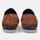 A cognac Men's bugatti Casual Loafers featuring a round plain toe, zero heels heel. Made from premium genuine leather with a durable tr outsole, this slip-on design offers both style and comfort.