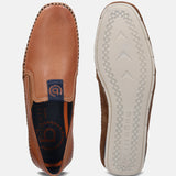 A cognac Men's bugatti Casual Loafers featuring a round plain toe, zero heels heel. Made from premium genuine leather with a durable tr outsole, this slip-on design offers both style and comfort.