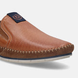 A cognac Men's bugatti Casual Loafers featuring a round plain toe, zero heels heel. Made from premium genuine leather with a durable tr outsole, this slip-on design offers both style and comfort.