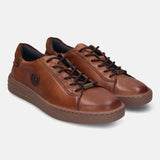 A cognac Men's bugatti Sneakers featuring a round toe plain toe, zero heels heel. Made from premium genuine leather with a durable tr outsole, this laces design offers both style and comfort.