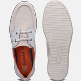 A white Men's bugatti Boat Shoes featuring a round plain toe, zero heels heel. Made from premium genuine leather with a durable tpr outsole, this laces design offers both style and comfort.
