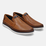 A cognac Men's bugatti Casual Loafers featuring a round plain toe, zero heels heel. Made from premium genuine leather with a durable tr outsole, this slip-on design offers both style and comfort.