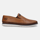 A cognac Men's bugatti Casual Loafers featuring a round plain toe, zero heels heel. Made from premium genuine leather with a durable tr outsole, this slip-on design offers both style and comfort.