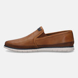 A cognac Men's bugatti Casual Loafers featuring a round plain toe, zero heels heel. Made from premium genuine leather with a durable tr outsole, this slip-on design offers both style and comfort.