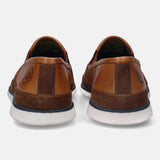 A cognac Men's bugatti Casual Loafers featuring a round plain toe, zero heels heel. Made from premium genuine leather with a durable tr outsole, this slip-on design offers both style and comfort.