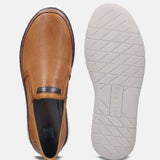 A cognac Men's bugatti Casual Loafers featuring a round plain toe, zero heels heel. Made from premium genuine leather with a durable tr outsole, this slip-on design offers both style and comfort.