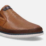 A cognac Men's bugatti Casual Loafers featuring a round plain toe, zero heels heel. Made from premium genuine leather with a durable tr outsole, this slip-on design offers both style and comfort.