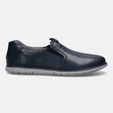 A blue Men's bugatti Casual Loafers featuring a round plain toe, zero heels heel. Made from premium genuine leather with a durable tr outsole, this slip-on design offers both style and comfort.