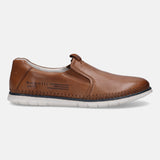 A cognac Men's bugatti Casual Loafers featuring a round plain toe, zero heels heel. Made from premium genuine leather with a durable tr outsole, this slip-on design offers both style and comfort.