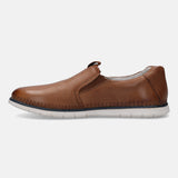 A cognac Men's bugatti Casual Loafers featuring a round plain toe, zero heels heel. Made from premium genuine leather with a durable tr outsole, this slip-on design offers both style and comfort.