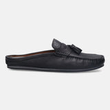 A black Men's bugatti Mules featuring a round plain toe, zero heels heel. Made from premium genuine leather with a durable tpr outsole, this slip-on design offers both style and comfort.