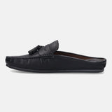 A black Men's bugatti Mules featuring a round plain toe, zero heels heel. Made from premium genuine leather with a durable tpr outsole, this slip-on design offers both style and comfort.