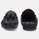 A black Men's bugatti Mules featuring a round plain toe, zero heels heel. Made from premium genuine leather with a durable tpr outsole, this slip-on design offers both style and comfort.