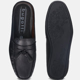 A black Men's bugatti Mules featuring a round plain toe, zero heels heel. Made from premium genuine leather with a durable tpr outsole, this slip-on design offers both style and comfort.