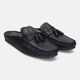 A black Men's bugatti Mules featuring a round plain toe, zero heels heel. Made from premium genuine leather with a durable tpr outsole, this slip-on design offers both style and comfort.