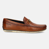 A cognac Men's bugatti Casual Loafers featuring a square toe apron toe, zero heels heel. Made from premium genuine leather with a durable tr outsole, this slip-on design offers both style and comfort.
