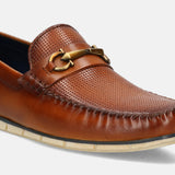 A cognac Men's bugatti Casual Loafers featuring a square toe apron toe, zero heels heel. Made from premium genuine leather with a durable tr outsole, this slip-on design offers both style and comfort.