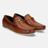 A cognac Men's bugatti Casual Loafers featuring a square toe apron toe, zero heels heel. Made from premium genuine leather with a durable tr outsole, this slip-on design offers both style and comfort.